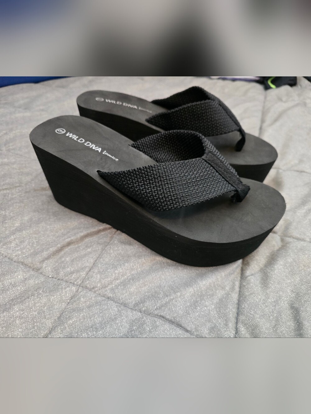 Wild Diva Black Woven Platform Wedge Flip Flops